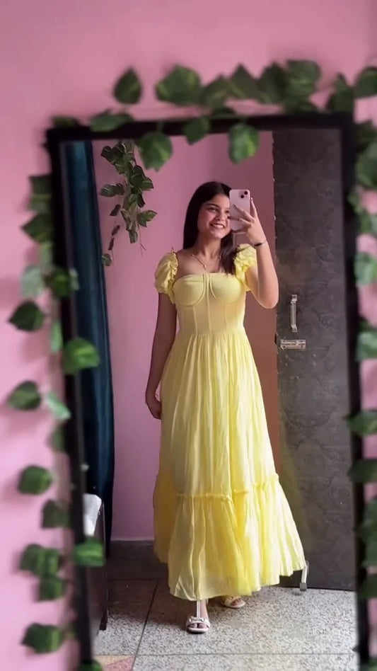 Trendy Women’s Yellow Maxi Dress – Elegant Puff Sleeve & Flared Long Gown | Stylish Summer Outfit for Parties, Brunch & Casual Wear