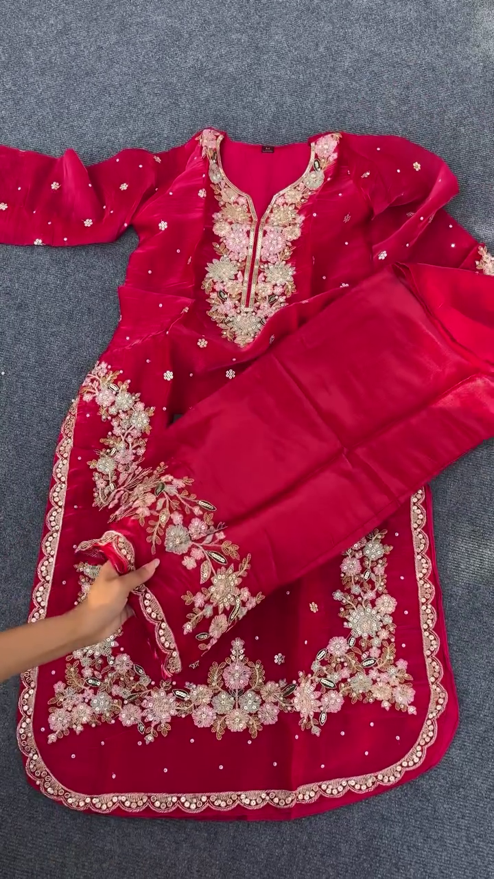 Stunning Red Embroidered Salwar Kameez with Floral Detailing and Pearl Embellishments, Paired with a Beautifully Crafted Dupatta for Elegant Occasions