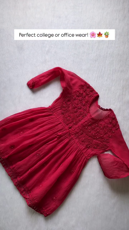 Charming Red Embroidered Tunic Dress – Ideal for College and Office Wear, Available in a Range of Elegant Colors with Intricate Detailing for a Chic and Comfortable Look
