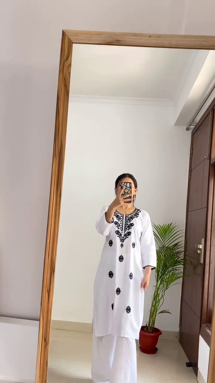 Floral Embroidered Black and White Kurta Set with White Palazzo for Women, Elegant and Comfortable Casual Wear for All Occasions