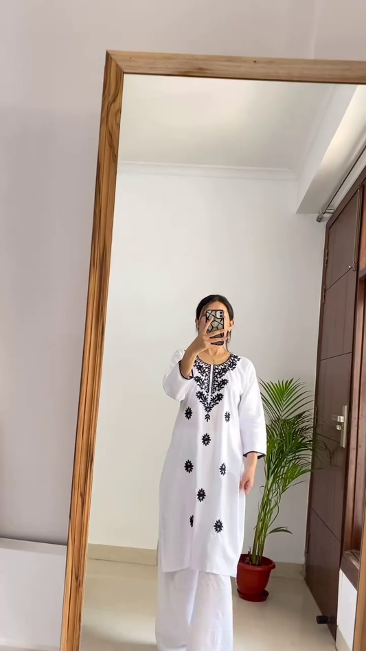 Floral Embroidered Black and White Kurta Set with White Palazzo for Women, Elegant and Comfortable Casual Wear for All Occasions