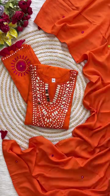Orange Embroidered Anarkali Kurta with Intricate Pearl and Beadwork - Featuring Floral Embroidery and a Complementary Georgette Dupatta for Traditional and Festive Wear