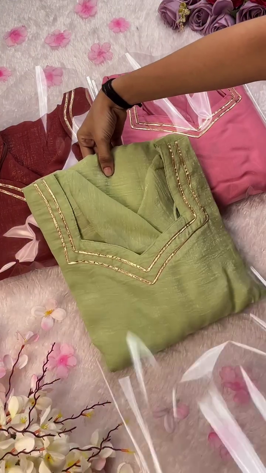 Embroidered Kurta Set in Soft Green, Pink, and Red with Golden Detailing, Perfect for Casual or Semi-Formal Occasions