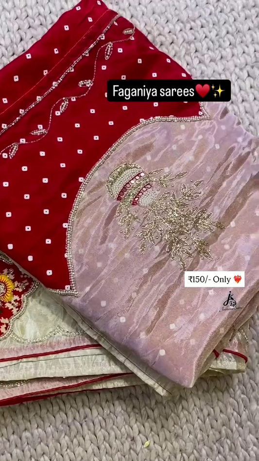 Red and Pink Handwork Embroidered Faganiya Saree with Polka Dot Design and Decorative Detailing