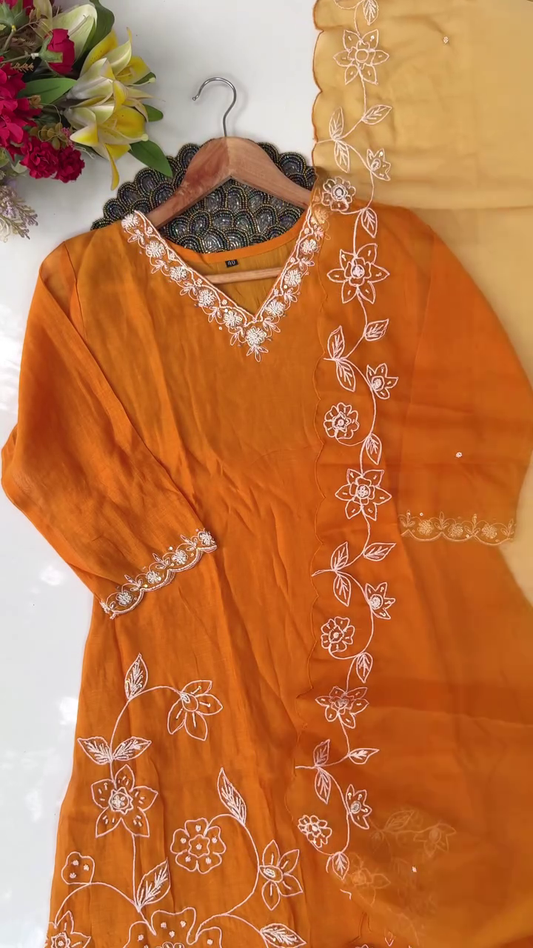Orange Embroidered Kurta with Floral Detailing and Matching Dupatta – Elegant Outfit for Cultural and Festive Occasions