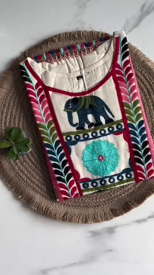 Boho-Chic Elephant and Floral Embroidered Kurta – Colorful Traditional Design with Intricate Detailing for a Stylish Ethnic Look