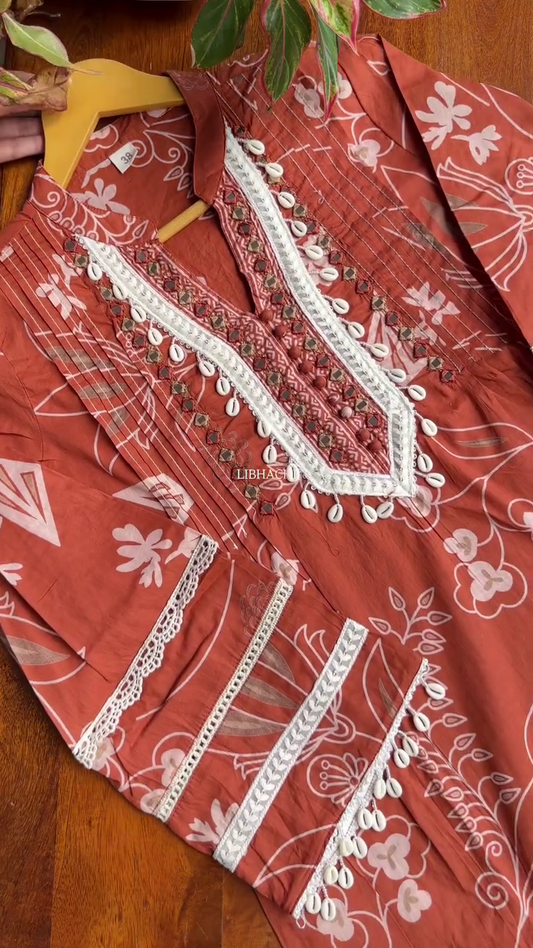 Bohemian Style Embroidered Kurta with White Tassel Detailing – Available in Rust and Brown for a Chic, Traditional Look