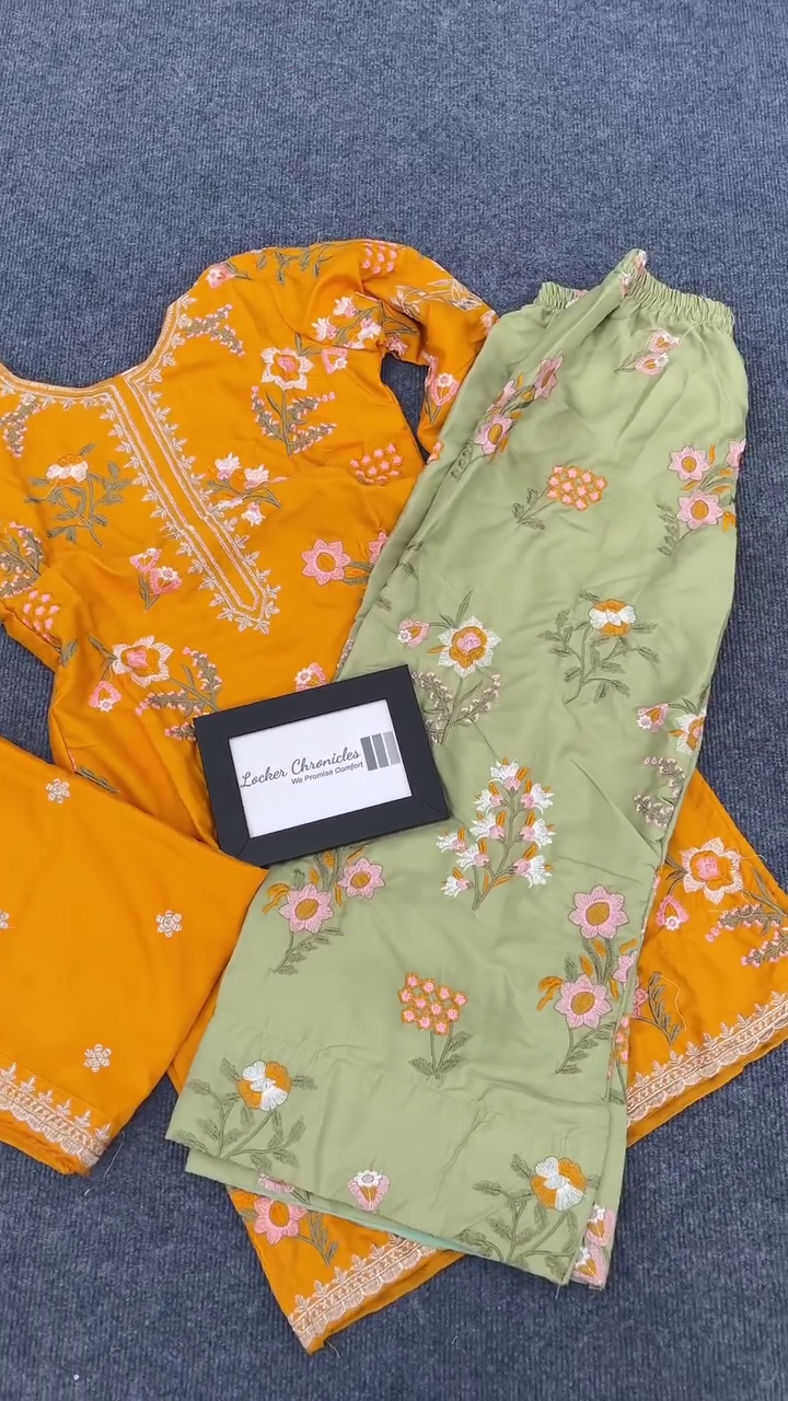 Embroidered Cotton Kurta and Palazzo Set with Floral Motifs in Mustard and Green - Comfortable, Stylish, and Perfect for Casual or Festive Occasions