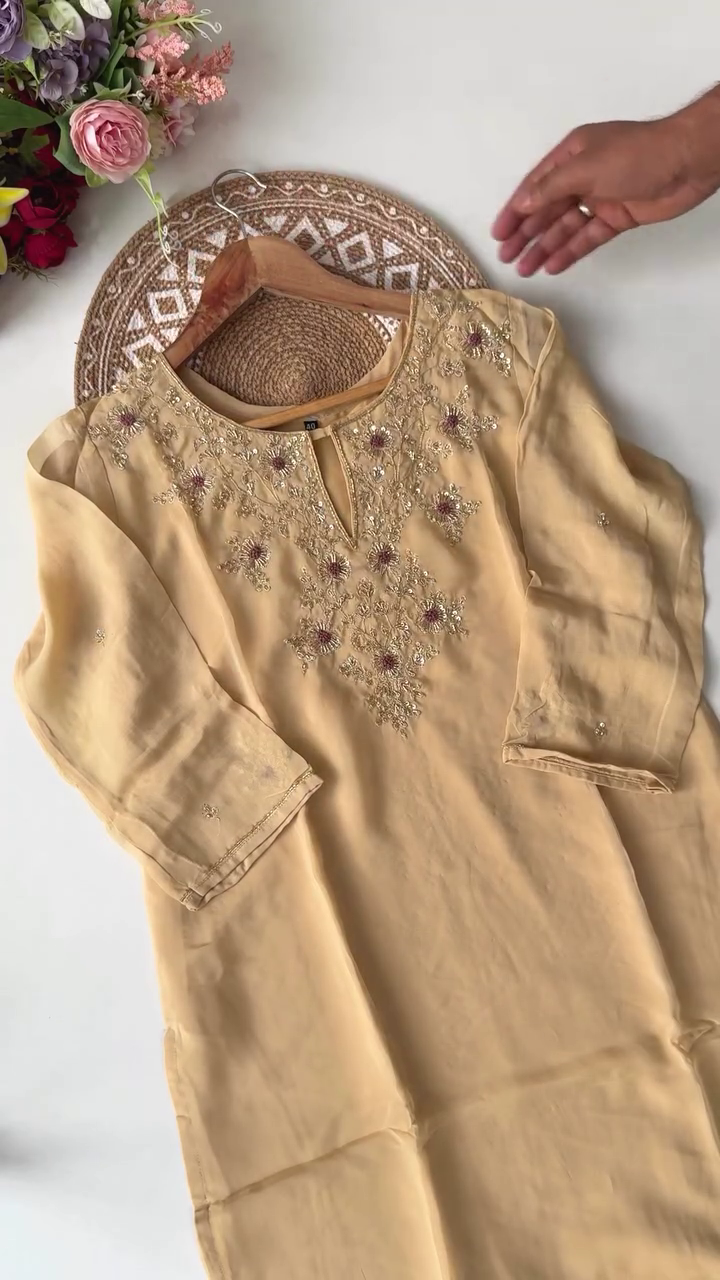 Graceful Mustard Yellow Embroidered Kurta with Floral Detailing and Matching Sheer Dupatta – Perfect for Festive and Traditional Occasions