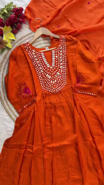 Orange Embroidered Anarkali Kurta with Intricate Pearl and Beadwork - Featuring Floral Embroidery and a Complementary Georgette Dupatta for Traditional and Festive Wear