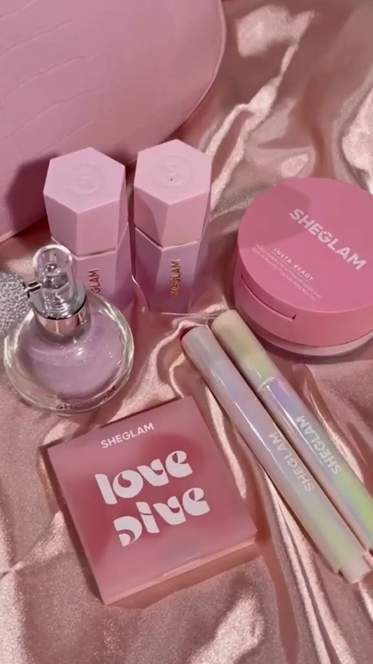 SHEGLAM Love Dive Makeup Collection – Eyeshadow Palette, Lipsticks, Powder, Perfume & Glow Sticks | Romantic Pink Beauty Gift Set