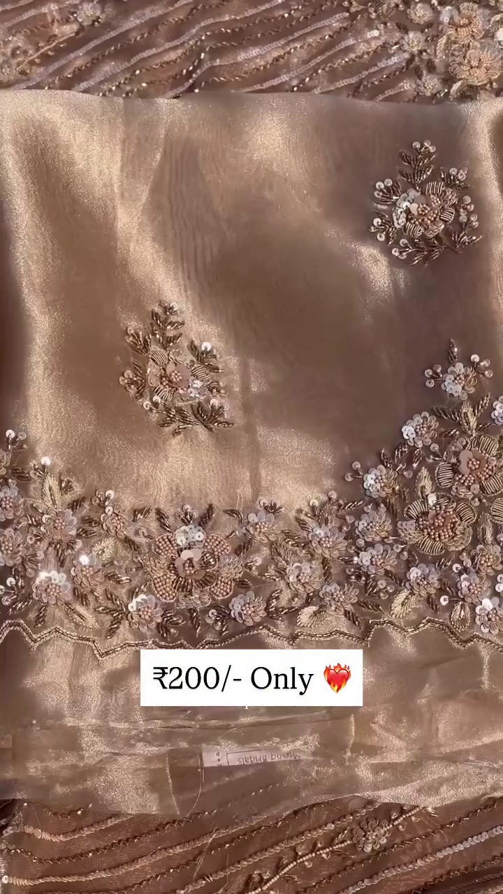 Handwork Embroidered Beige Fabric with Floral Sequin and Bead Detailing, Intricate Threadwork and Elegant Decorative Patterns