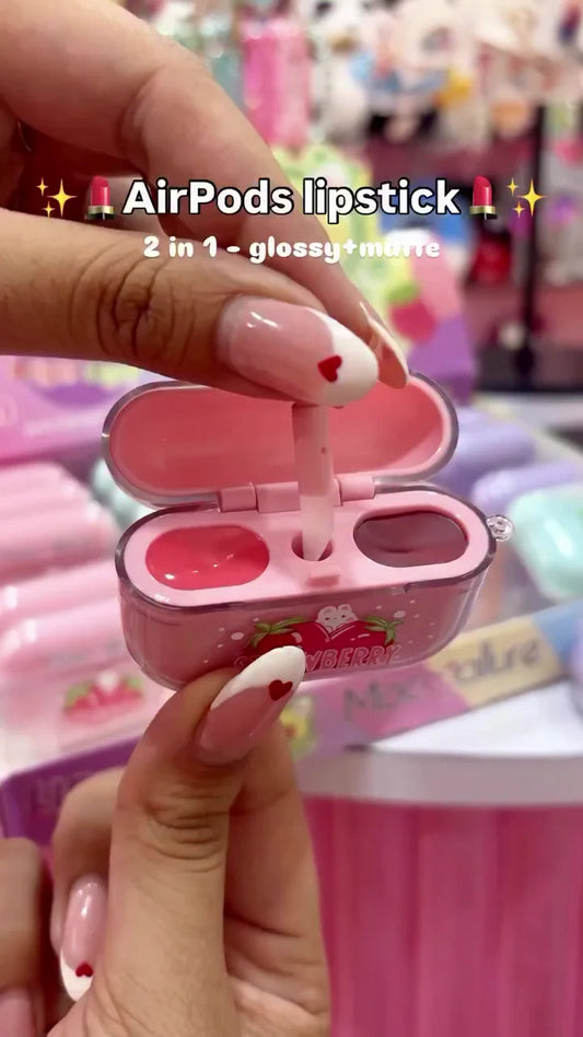 2-in-1 AirPods Lipstick with Glossy and Matte Finish – Dual Color Lip Balm in a Compact Strawberry Case for Easy Application on the Go