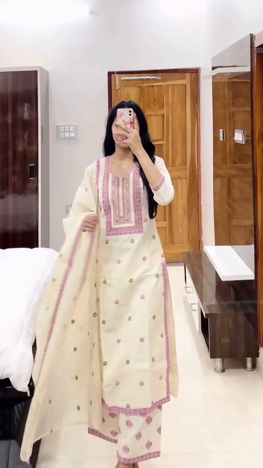 Embroidered Anarkali Set with Pink and Gold Floral Design, Featuring a Matching Dupatta for a Classic Traditional Look