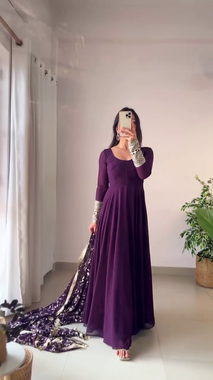 Purple Anarkali Dress with Silver-Embroidered Sleeves and Matching Dupatta for a Chic, Traditional Look