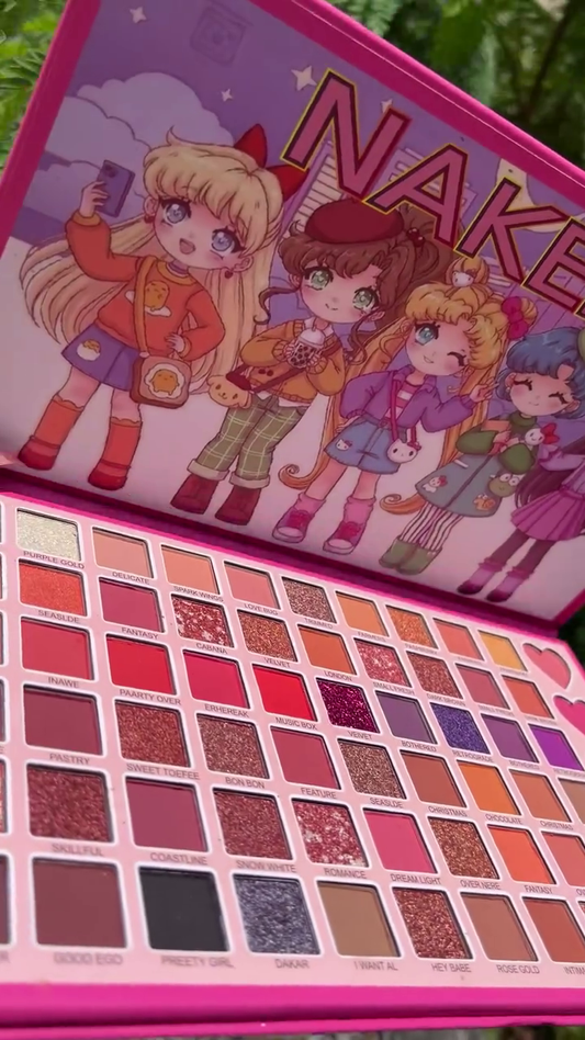 Vibrant 35-Shade Eyeshadow Palette with Matte, Shimmer, and Glitter Finishes – Featuring Bold Reds, Pinks, Purples, and Neutrals with Fun Cartoon Packaging