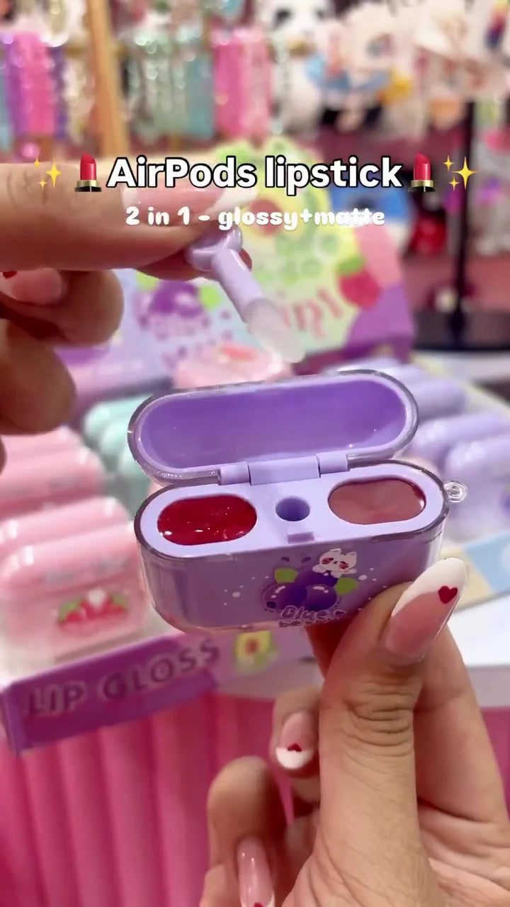 2-in-1 AirPods Lipstick with Glossy and Matte Finish – Dual Color Lip Balm in a Compact Strawberry Case for Easy Application on the Go