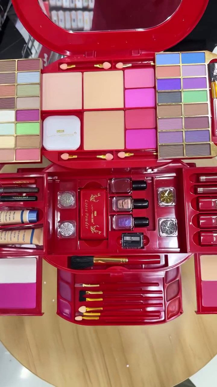 All-in-One Deluxe Red Makeup Kit Box with Mirror – Eyeshadow, Blush, Powder, Lipsticks, Nail Polish, Foundation & Brushes | Complete Professional Beauty Set