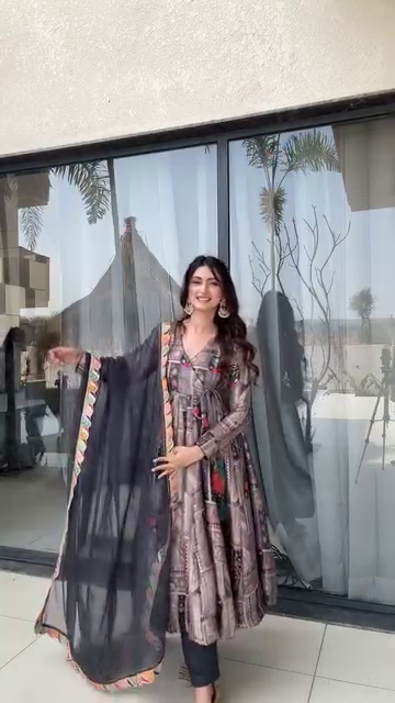 Stylish Brown and Black Printed Anarkali Dress with Colorful Embellished Border on the Dupatta, Featuring a Relaxed Fit and Elegant Long Sleeves, Perfect for Semi-Formal and Festive Occasions.