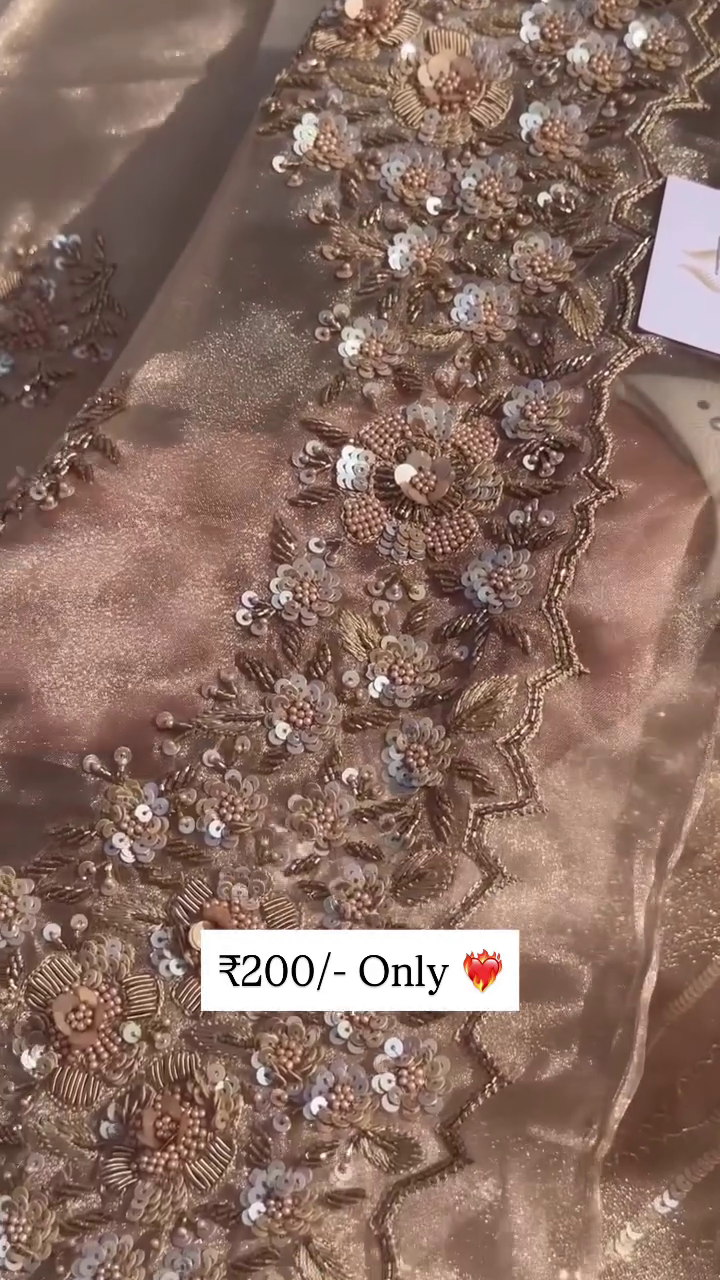 Handwork Embroidered Beige Fabric with Floral Sequin and Bead Detailing, Intricate Threadwork and Elegant Decorative Patterns