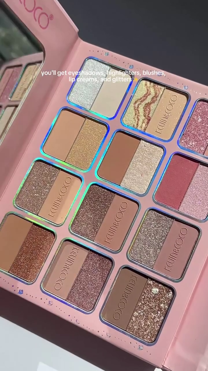 Keim & Coco 5-in-1 Makeup Palette – Includes Eyeshadows, Highlighters, Blushes, Lip Creams, and Glitters in a Stunning Holographic Compact