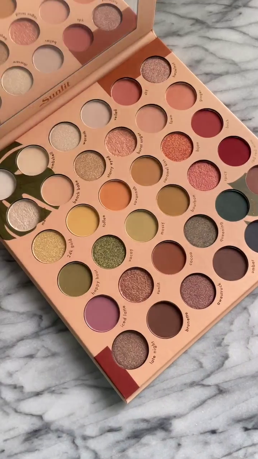 Sunlit Eyeshadow Palette with 35 Rich Matte and Shimmer Shades in Warm, Earthy Tones for Versatile Eye Makeup Looks