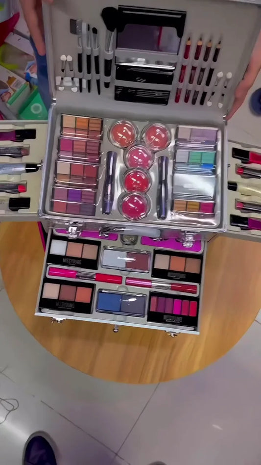 Miss Young Professional Makeup Trolley Case – Complete Cosmetic Kit with Eyeshadows, Lipsticks, Blushers, Pencils, Brushes & Mirror