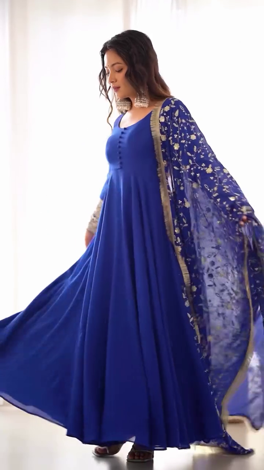 Elegant Royal Blue A-Line Dress with Floral Embroidered Sheer Dupatta, Button Detailing, and Flowy Silhouette for Festive Occasions