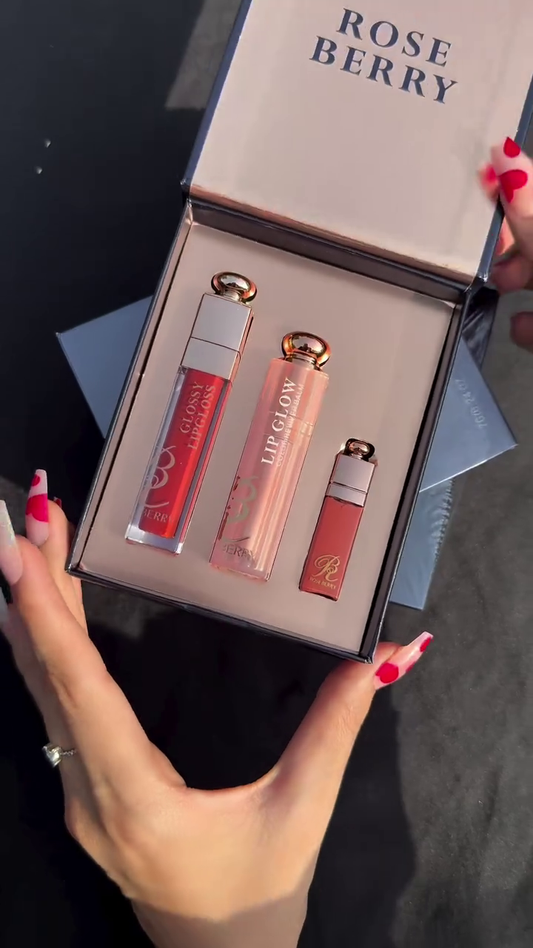 Rose Berry Lip Gloss Set – Includes Glossy Lip Gloss, Lip Glow, and Matte Lipstick in Beautiful Shades for a Nourishing, Hydrated Finish | Perfect Gift Set for Lip Care and Glam