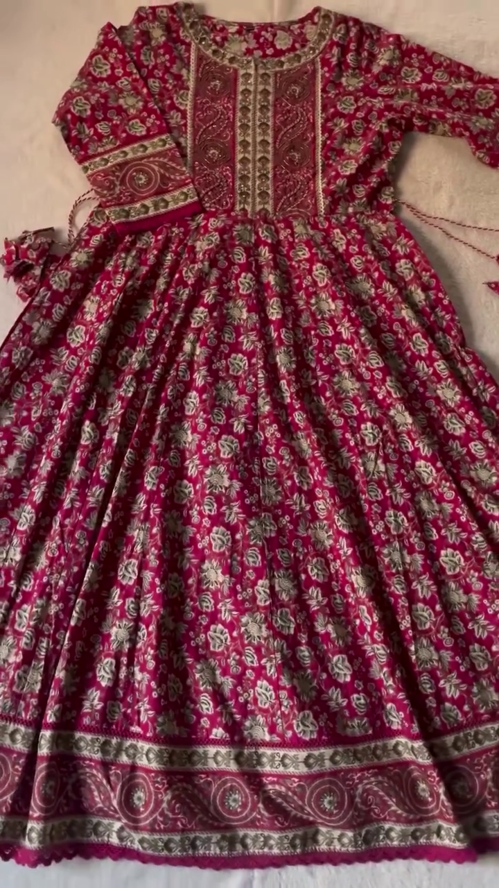 Beautifully Crafted Red Floral Printed Long Anarkali Dress with Intricate Border Detailing and Elegant Long Sleeves for a Graceful Traditional Look