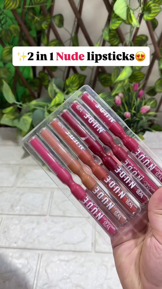 2-in-1 Nude Lipstick Set – Six Beautiful Matte Shades for Every Skin Tone, Long-Lasting and Smooth Finish