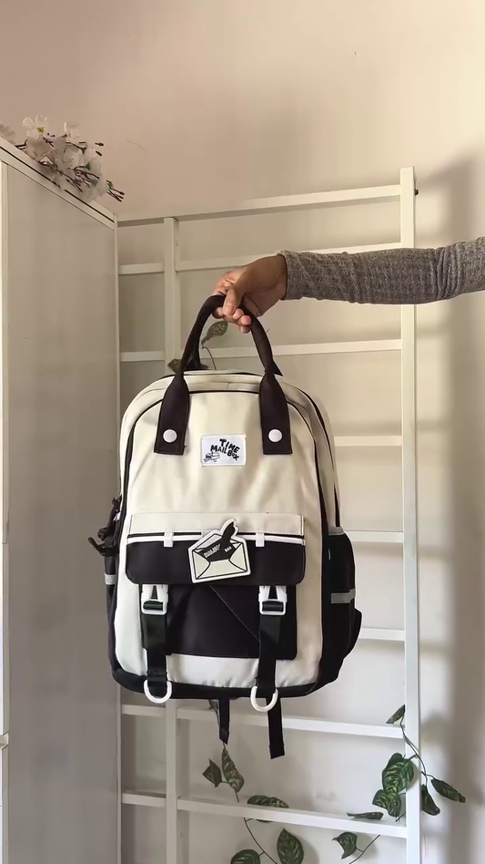 Stylish Two-Tone Backpack – Trendy Black and White Design with Unique Mailbox Patch for a Fashionable and Practical Look