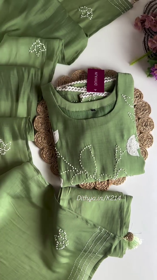 Elegant Green Embroidered Kurta Set with Matching Bottoms and Chiffon Dupatta, Perfect for Casual and Semi-Formal Occasions