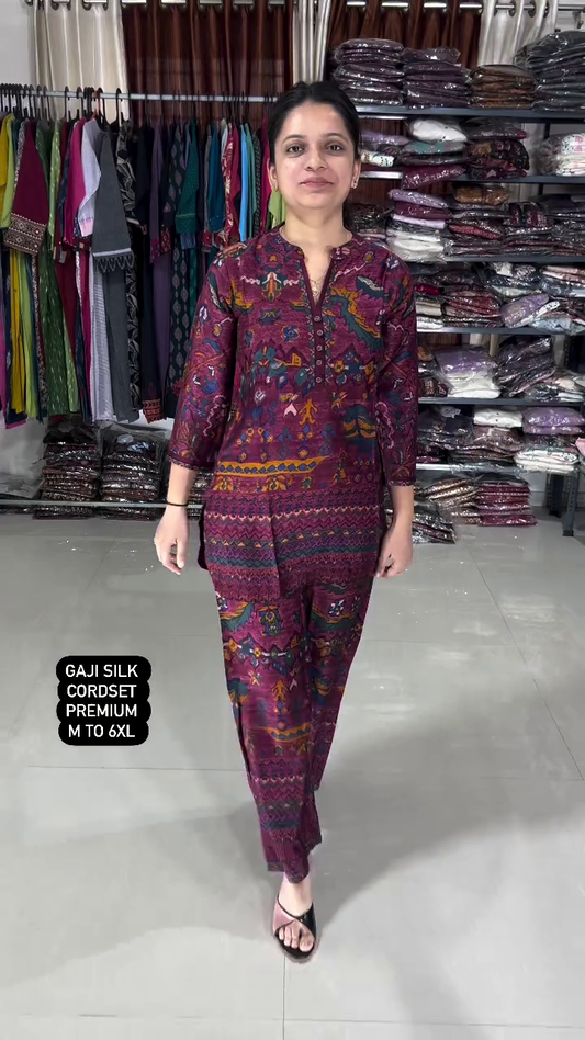 Premium Gaji Silk Co-Ord Set for Women – Elegant Traditional Prints, Soft Silky Finish, Comfortable Fit, Available in Multiple Colors and Sizes M to 6XL – Perfect for Festive, Party, and Ethnic Wear