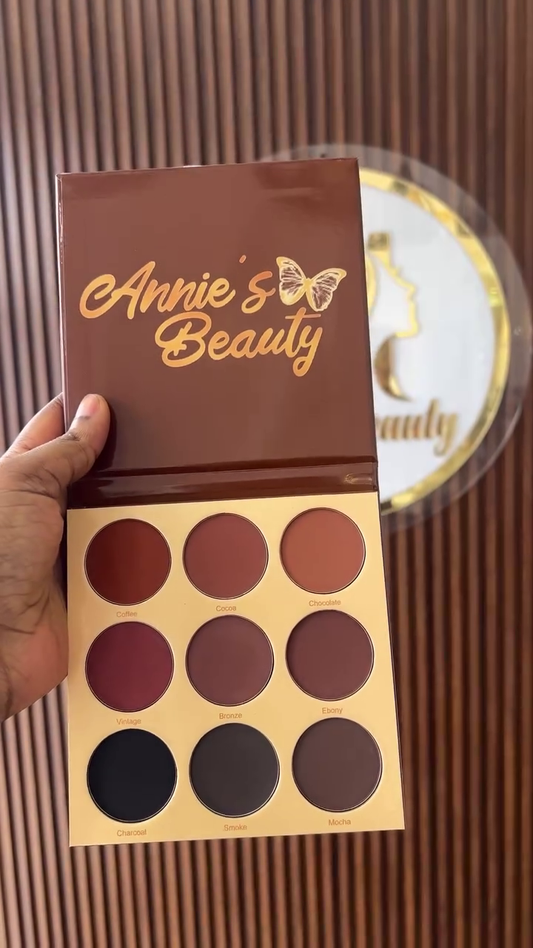 Annie's Beauty Matte Eyeshadow Palette – 9 Warm Toned Shades Including Coffee, Cocoa, Chocolate, Vintage, Bronze, Ebony, Charcoal, Smoke, and Mocha for Stunning, Versatile Looks