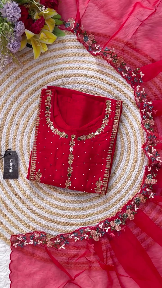 Red Embroidered Long Kurti with Gold Threadwork and Pearl Detailing – Traditional Women’s Wear for Festive Occasions