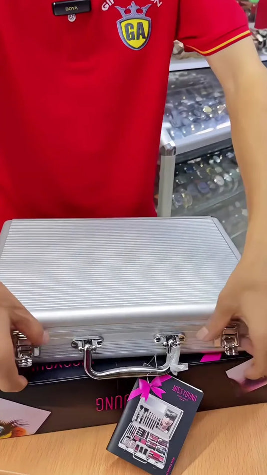 Miss Young Professional Makeup Trolley Case – Full Cosmetic Kit with Brushes, Lipsticks, Eyeshadows, Blushers, Foundations, Nail Polishes & Mirror