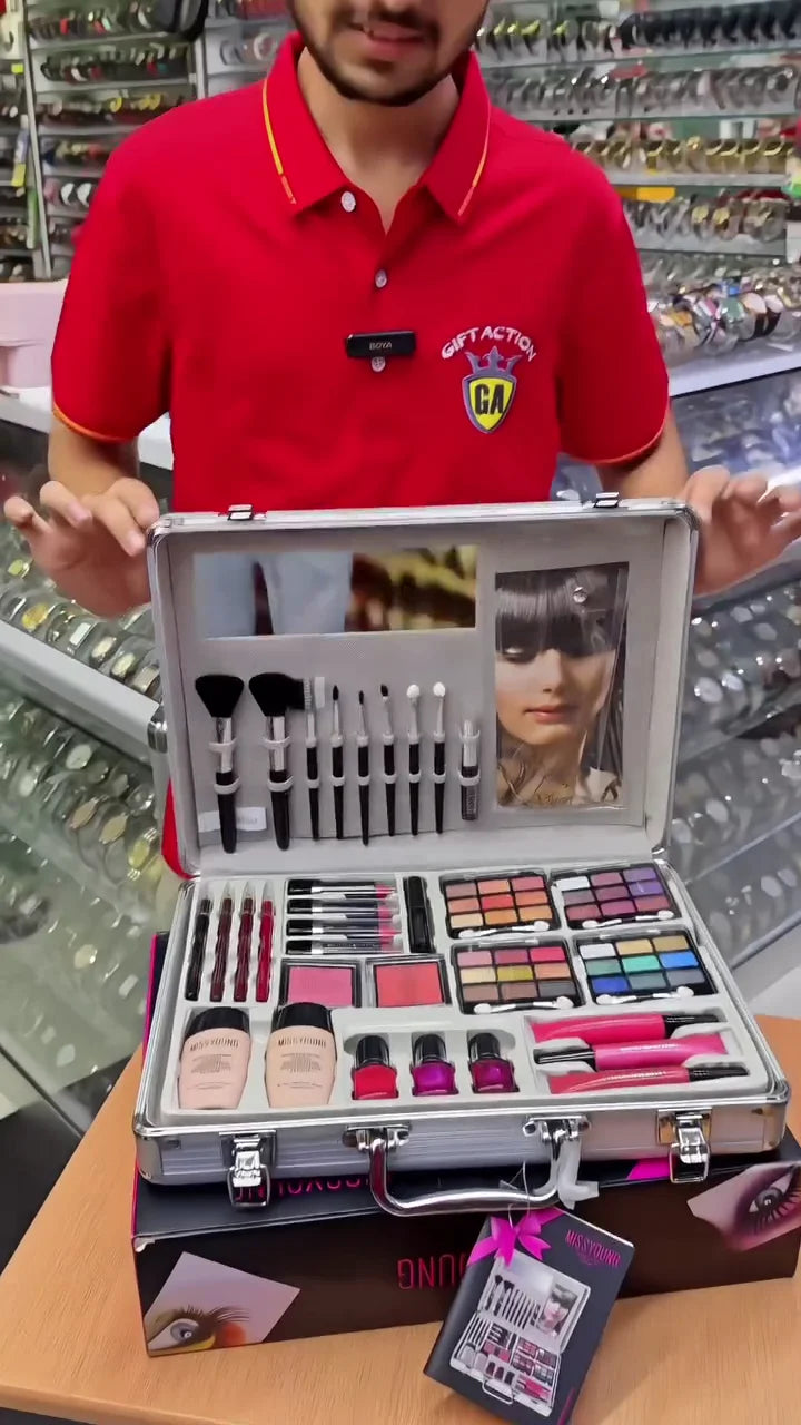 Miss Young Professional Makeup Trolley Case – Full Cosmetic Kit with Brushes, Lipsticks, Eyeshadows, Blushers, Foundations, Nail Polishes & Mirror
