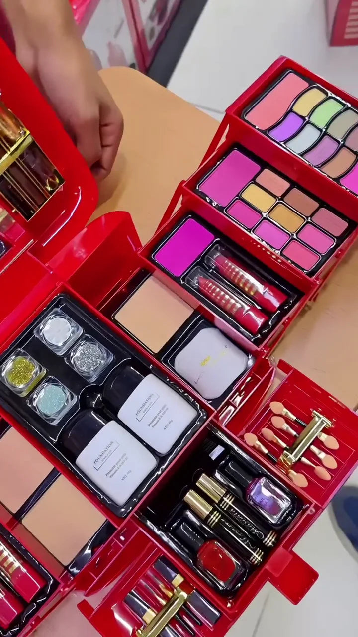 Deluxe Multi-Layer Makeup Kit – Complete Cosmetic Box with Lipsticks, Eyeshadows, Blushers, Foundation, Nail Polishes & Brushes – All-in-One Beauty Set