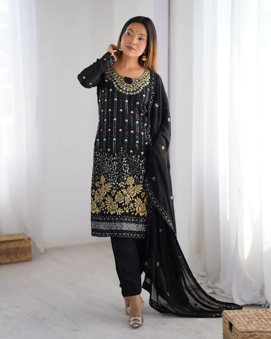 Georgette Straight Fit – Designer Black Thread & Mirror Work Set for Parties