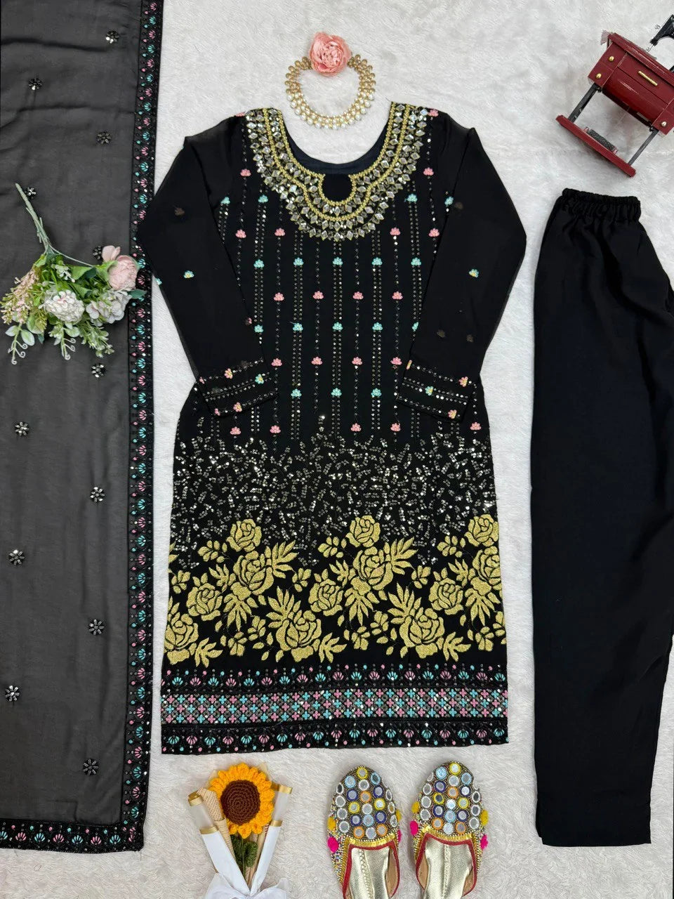 Georgette Straight Fit – Designer Black Thread & Mirror Work Set for Parties