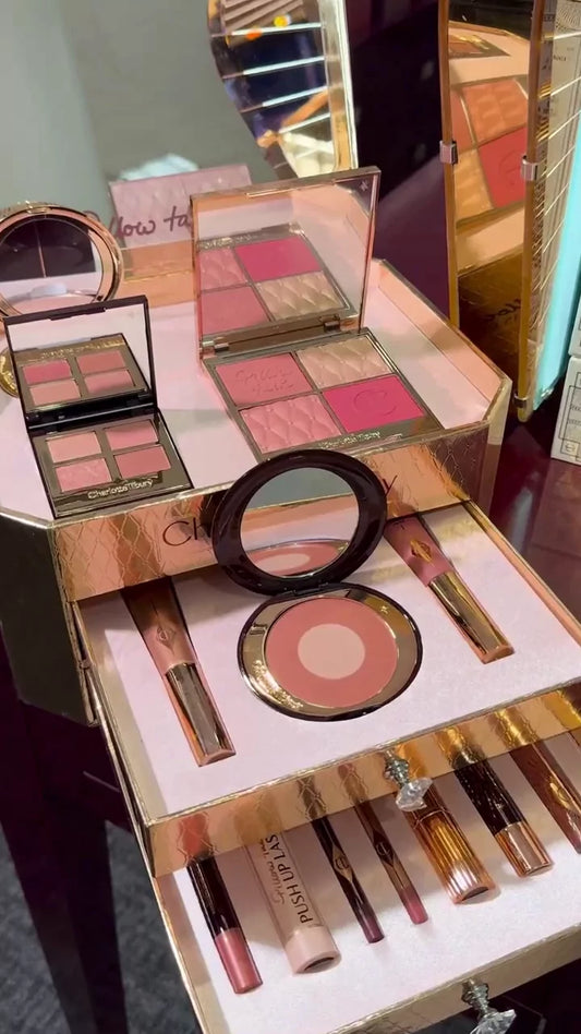 Luxury Pink Glow Makeup Set – Complete Face & Eye Collection with Blush, Highlighter, Eyeshadow Quad, Lip & Complexion Essentials in Rose Gold Vanity Box