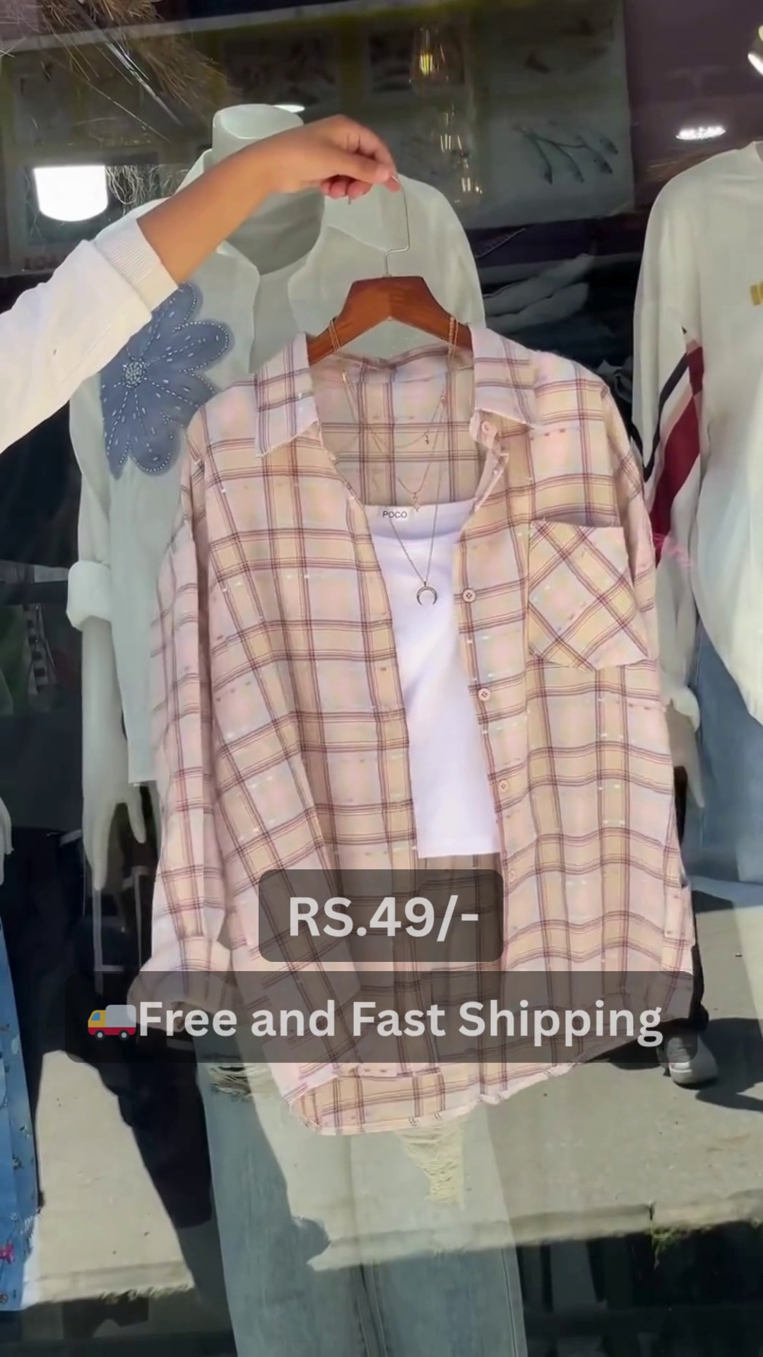 Trendy Women’s Casual Pink and White Checked Long Sleeve Shirt with Front Pocket and Layered White Inner Top