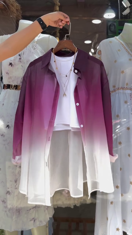 Women’s Ombre Gradient Long Shirt in Rich Purple to White Fade Design with Full Sleeves, Front Button Closure, Lightweight Sheer Fabric and Layered White Crop Top