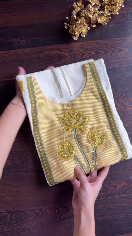 Yellow and White Embroidered Kurta with Floral Detailing and Intricate Thread Work for Women - Traditional Indian Wear for Festive Occasions