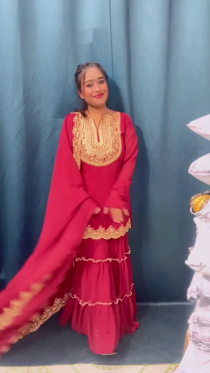 Stunning Red Sharara Set with Exquisite Embroidery – A Perfect Blend of Festive Elegance, Grace, and Contemporary Style