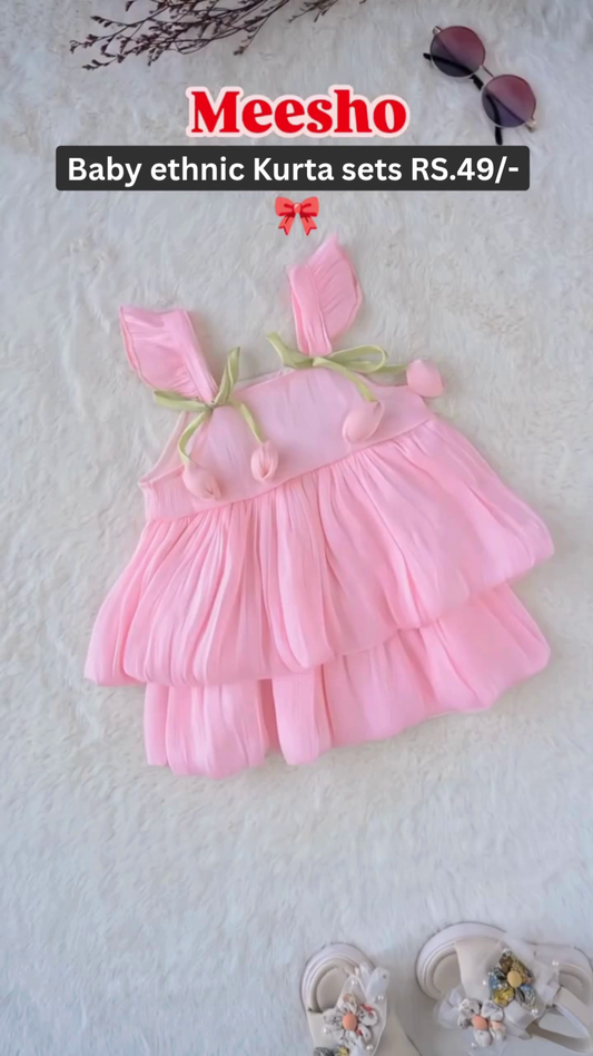 Adorable Baby Girls Ethnic Kurta Dress Sets in Soft Pastel Pink and Vibrant Yellow Colors with Cute Floral and Bird Embellishments, Sleeveless Ruffled Layers and Bow Tie