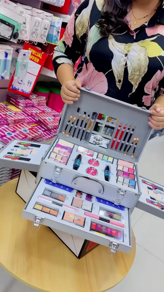 Professional All in One Makeup Kit with Mirror Multi Layer Silver Case Including Eyeshadows Lipsticks Blush Powders Brushes and Complete Makeup Essentials