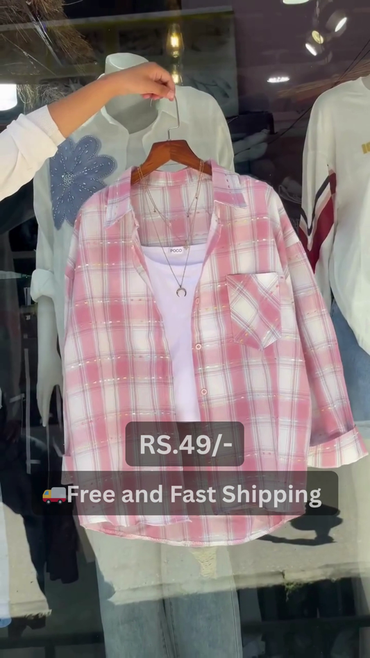 Trendy Women’s Casual Pink and White Checked Long Sleeve Shirt with Front Pocket and Layered White Inner Top