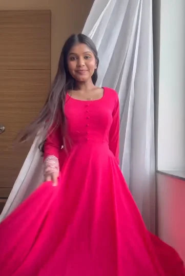 Graceful Solid Pink Anarkali Gown with Full Sleeves – Elegant Flared Ethnic Dress for Festive and Party Wear